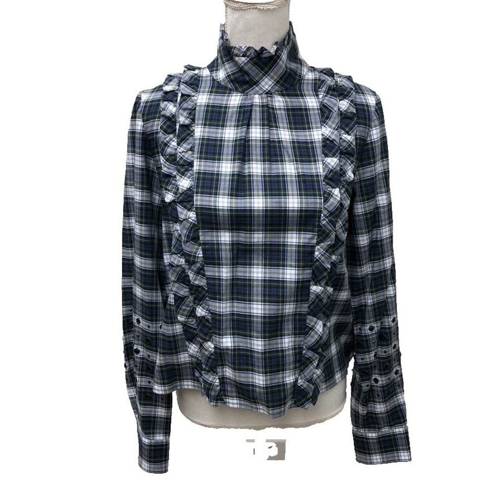 No21 Blouse Ruffle Neck Plaid Top Womens Small Tartan Plaid Heritage Preppy